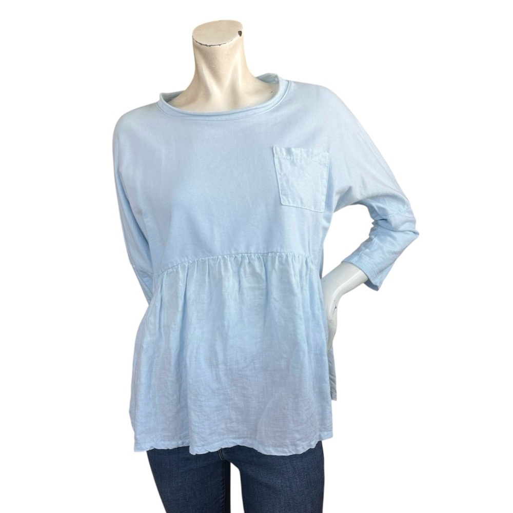 Anthropologie Postmark Baby Blue Cotton & Linen Peplum Boxy Top Size Small